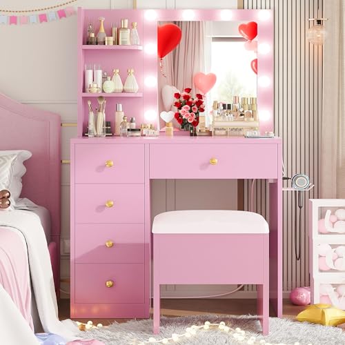 White Vanity Desk with Mirror and Lights, 5 Drawers, and Stool H68551