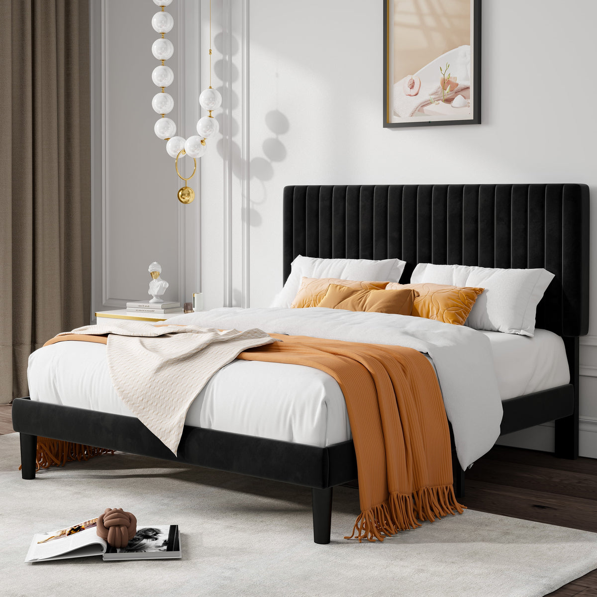 Queen Size Black Velvet Upholstered Platform Bed Frame K1707