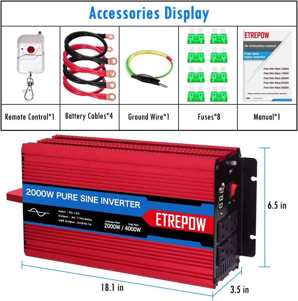 2000 Watt Pure Sine Wave Power Inverter 12V DC to 110V AC Wireless Remote Control M16466