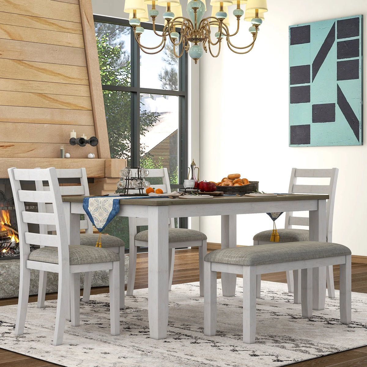 6-Piece Dining Table Set with 4 Upholstered Chairs and Bench B29690