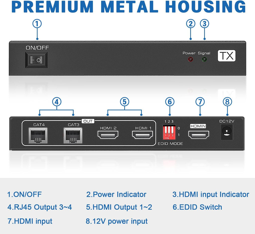 HDMI Extender Splitter 1x2 165ft/50m 1 in 2 Out Over Cat5e/Cat6/7 with 2 Loop-Out Local Display Repeater Balun Ethernet Sender Transmitter Receiver Support 1080P@60HZ 3D EDID POC H9754