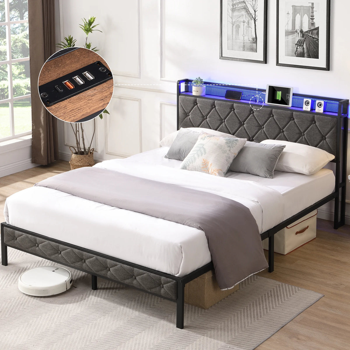Full Size Upholstered Platform Bed with Storage Headboard E37240