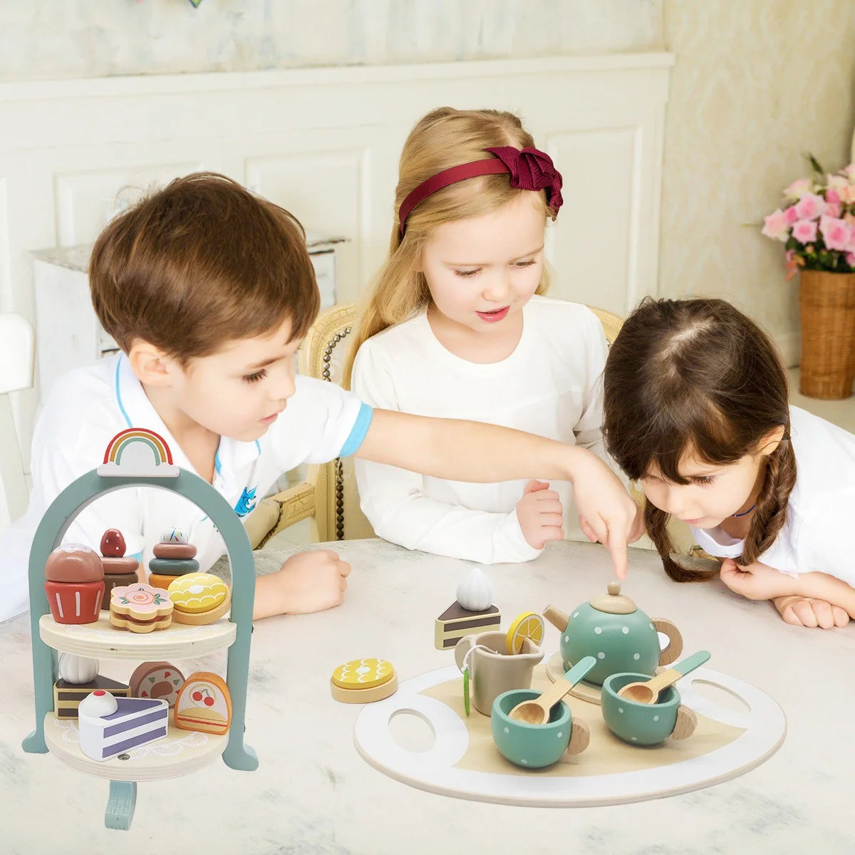 Wooden Tea Party Set with Cake Stand I876303