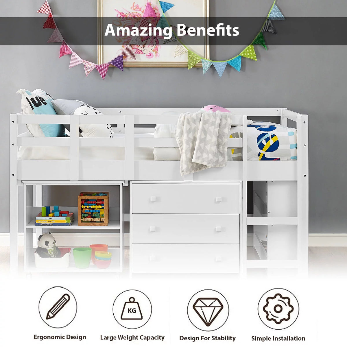 White Twin Size Low Loft Bed with Desk and Storage U72856