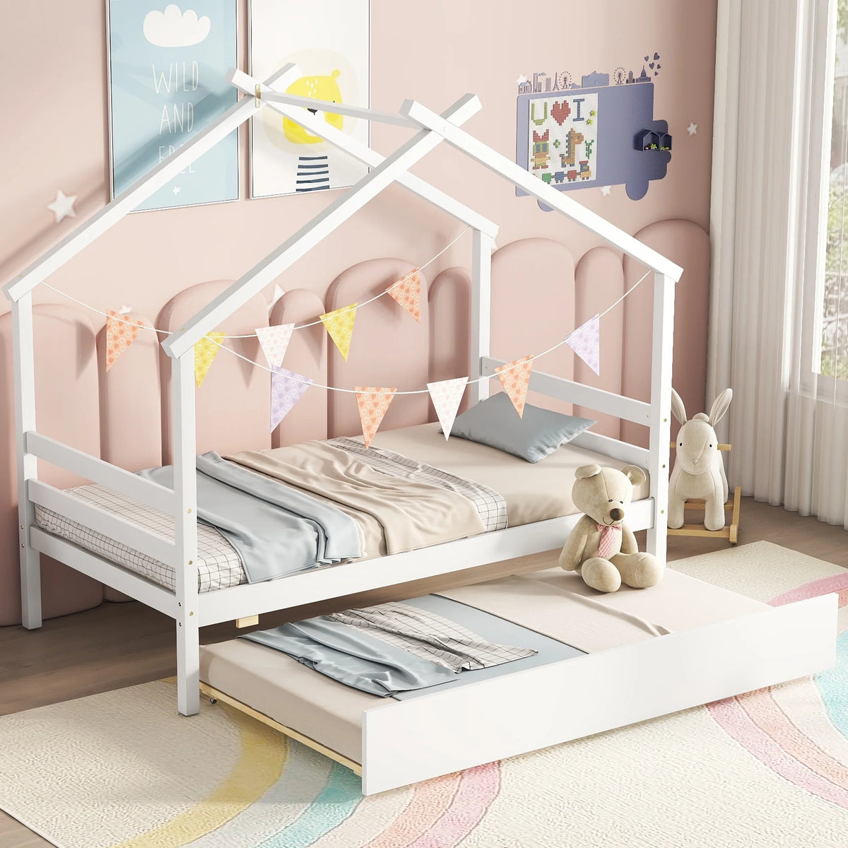 Twin Size White Bed Frame with Trundle D948295