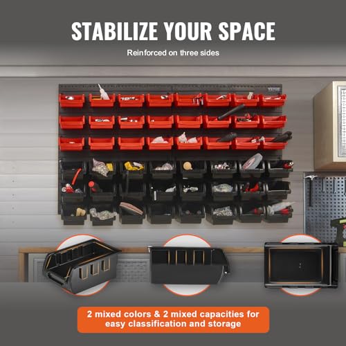 48-Bin Wall Mounted Storage Bins Parts Rack Organizer with Wall Panels J4023