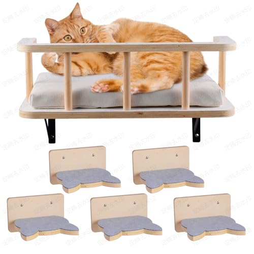 Natural Wood Cat Wall Shelves with 5 Steps Q2731