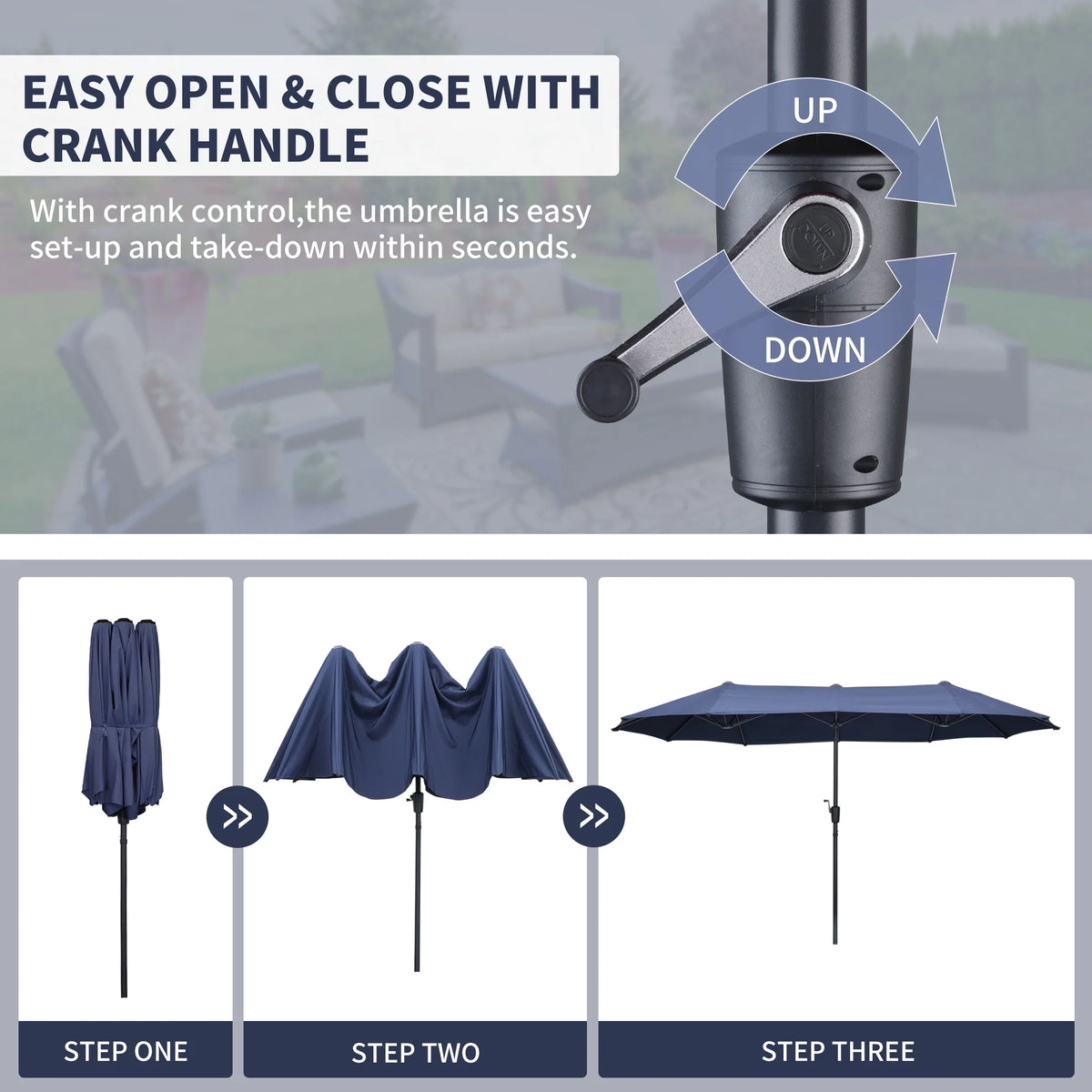 13 FT Patio Umbrella with Easy Crank, Dark Blue H58786