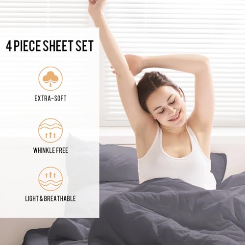 Queen Size 4 Piece Cooling Sheet Set with Deep Pocket Fitted Sheet, Dark Gray P842999