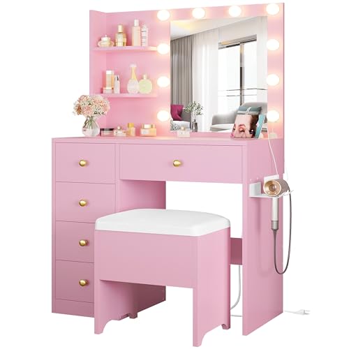 White Vanity Desk with Mirror and Lights, 5 Drawers, and Stool H68551