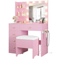 White Vanity Desk with Mirror and Lights, 5 Drawers, and Stool H68551