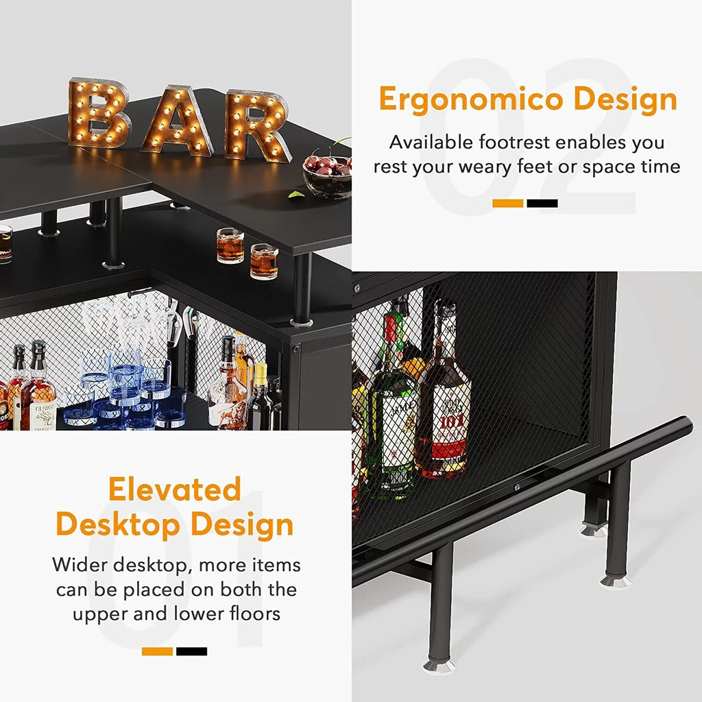 Black L-shape Liquor Bar Table with 2-Tier Storage A88796
