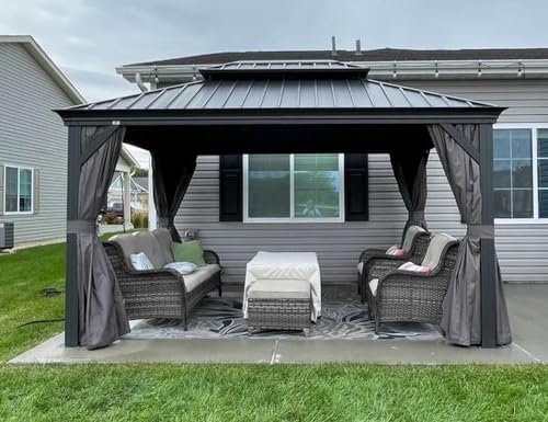Grey Aluminum Hardtop Gazebo with Double Roof, Curtains and Netting Included S6141