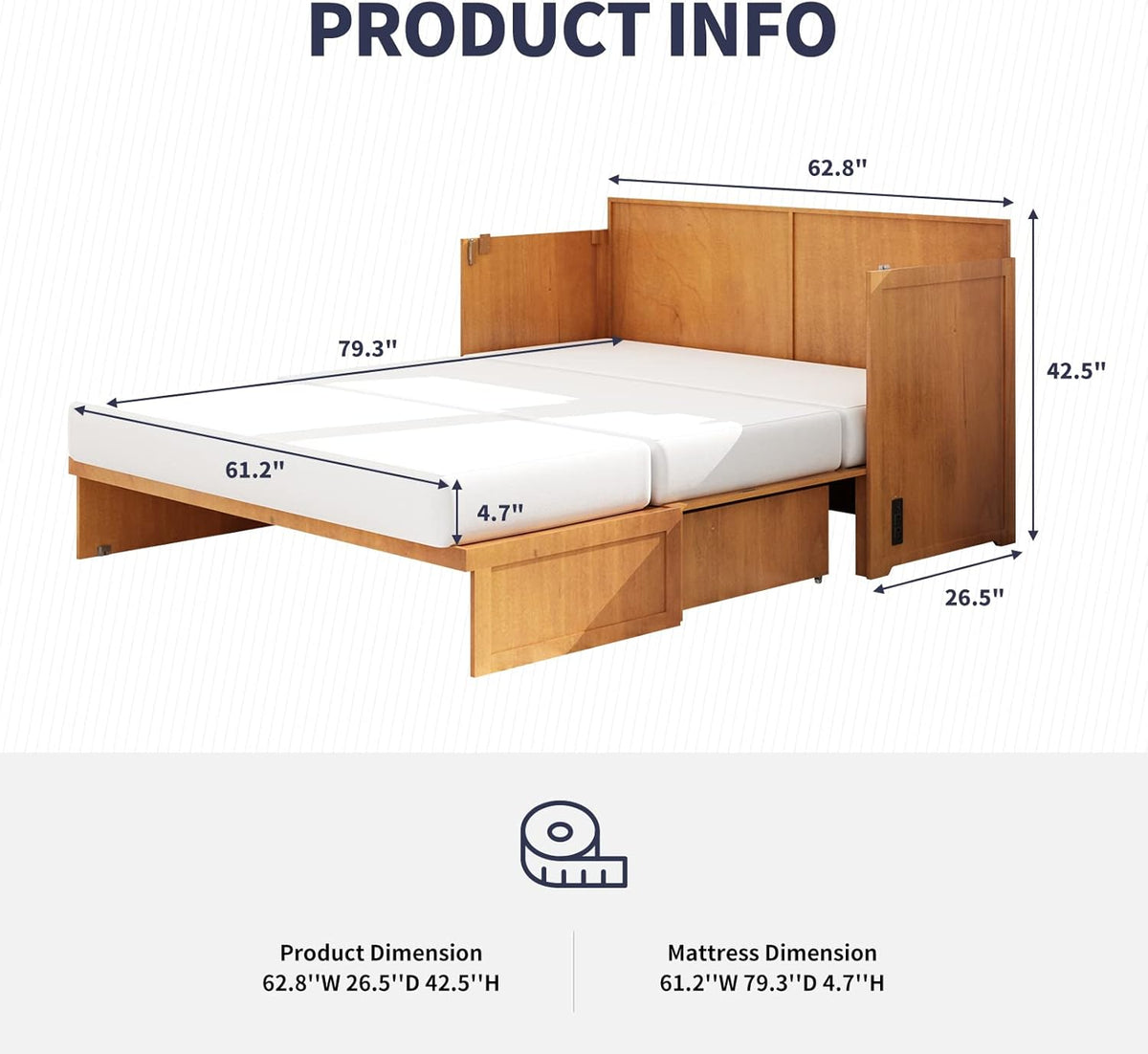 Cherry Murphy Cabinet Bed with Built-in USB Power Strip & 2 Drawers C9539