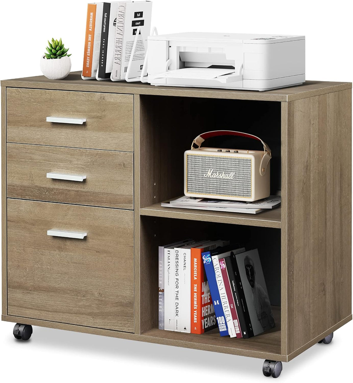 3 Drawer Wood File Cabinet with Open Storage Shelves, Gray Oak Z261238