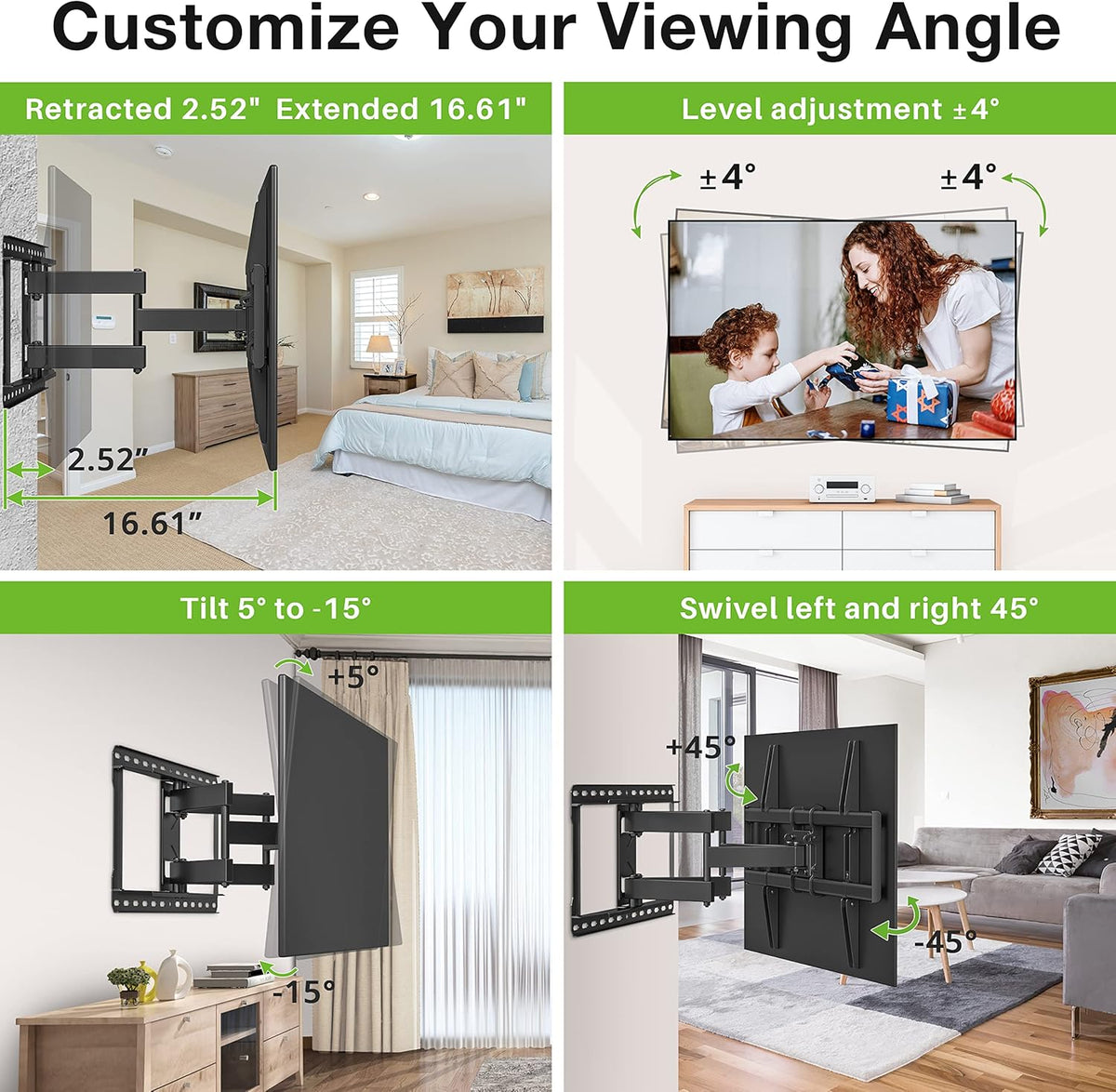 Full Motion TV Wall Mount for 37"-90" TVs, VESA 600x400mm, 132lbs H4342
