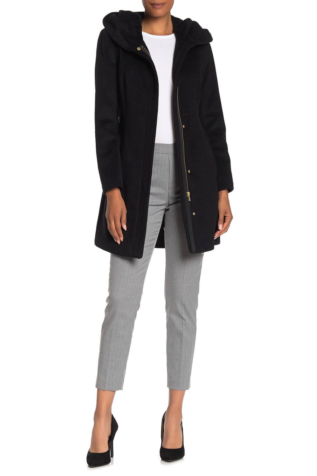 Wool Blend Zip Hooded Coat Black 10 P451