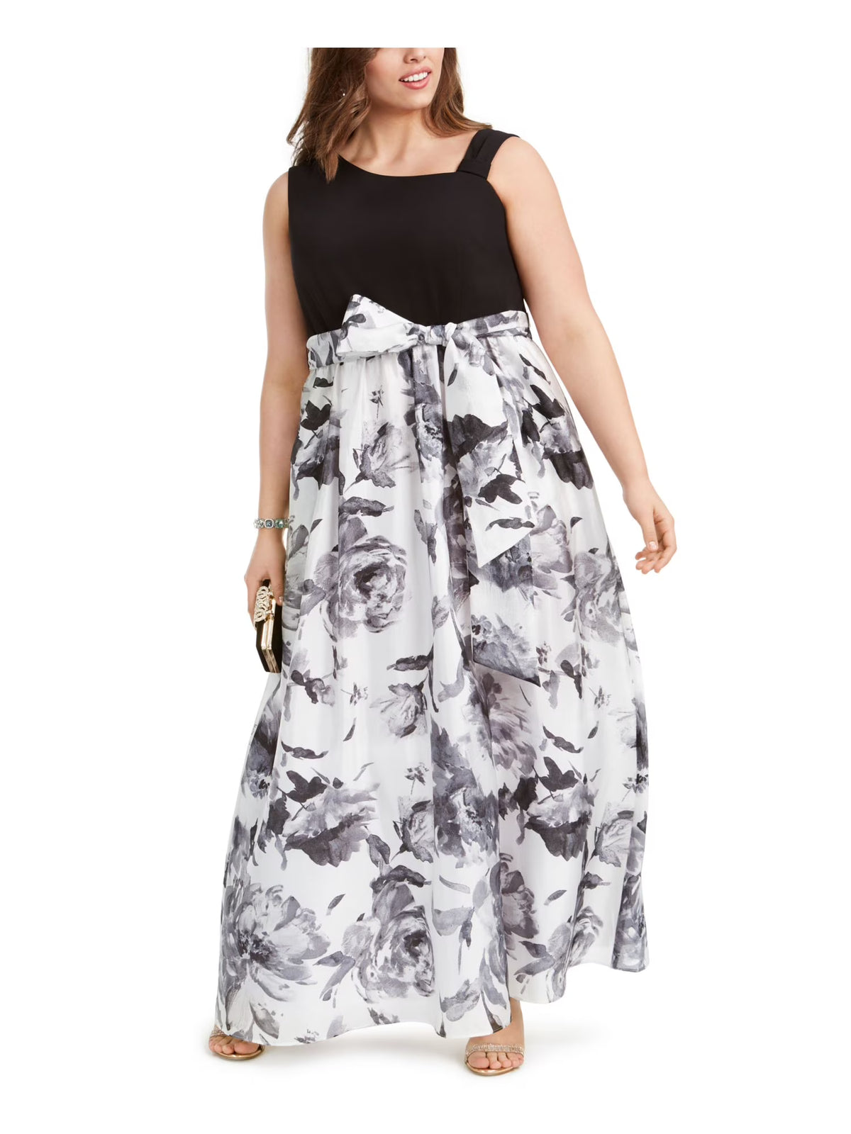 Black Belted Floral Sleeveless Full-Length Fit + Flare Dress Plus 18W P50445