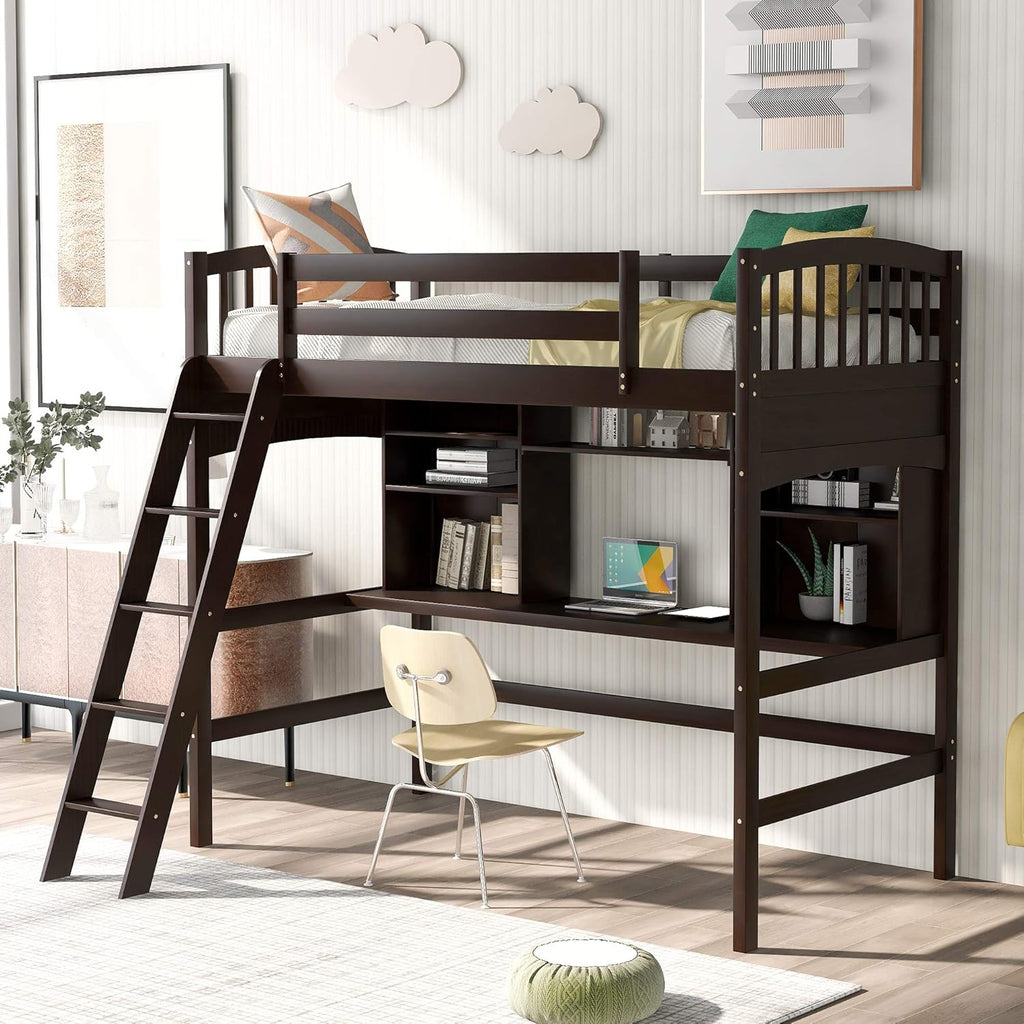 Twin Size Solid Wood Loft Bed with Desk and Storage Shelves T113788