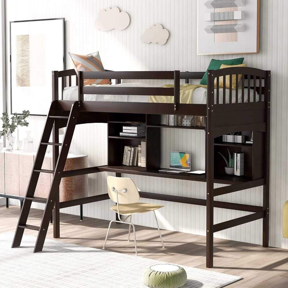 Twin Size Solid Wood Loft Bed with Desk and Storage Shelves T113788
