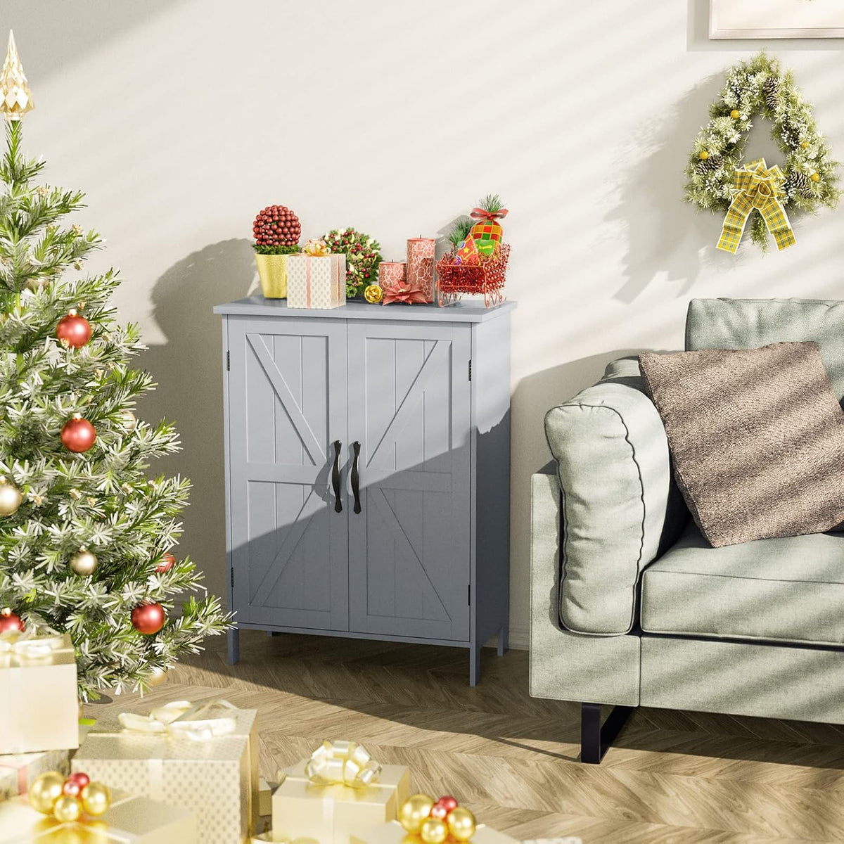 Gray Wooden Bathroom Floor Storage Cabinet with 2 Doors & Adjustable Shelves R597