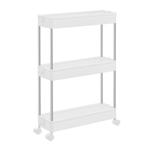 3-Tier Rolling Storage Cart with 6 Hooks, Steel Frame, Dove Gray W41427