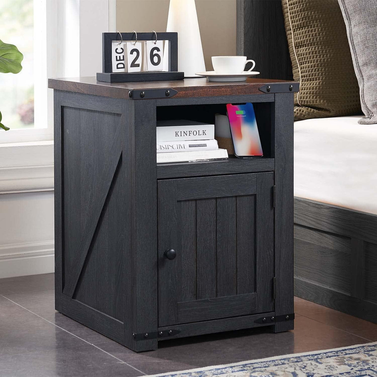 20" Dark Grey Farmhouse Nightstand with Charging Station U2526