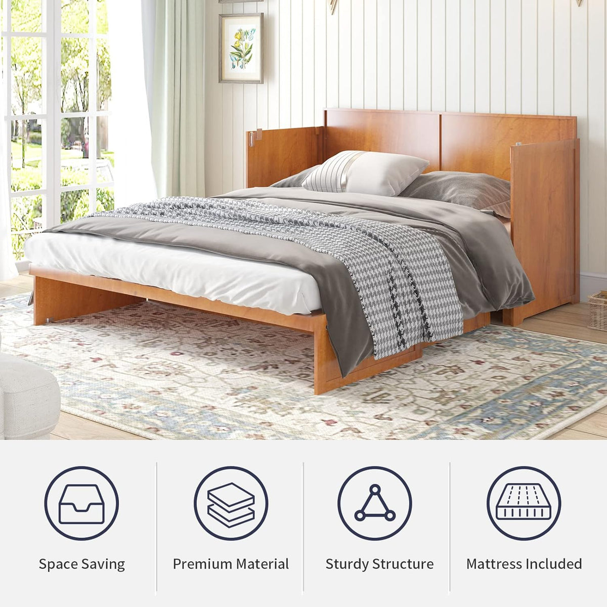 Cherry Murphy Cabinet Bed with Built-in USB Power Strip & 2 Drawers C9539