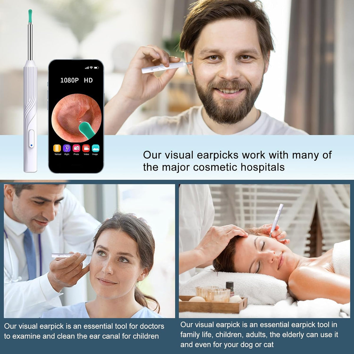 Ear Wax Removal Tool Camera with 8 Pcs Ear Set, 1080P HD Otoscope Camera and 6 LED Lights O619