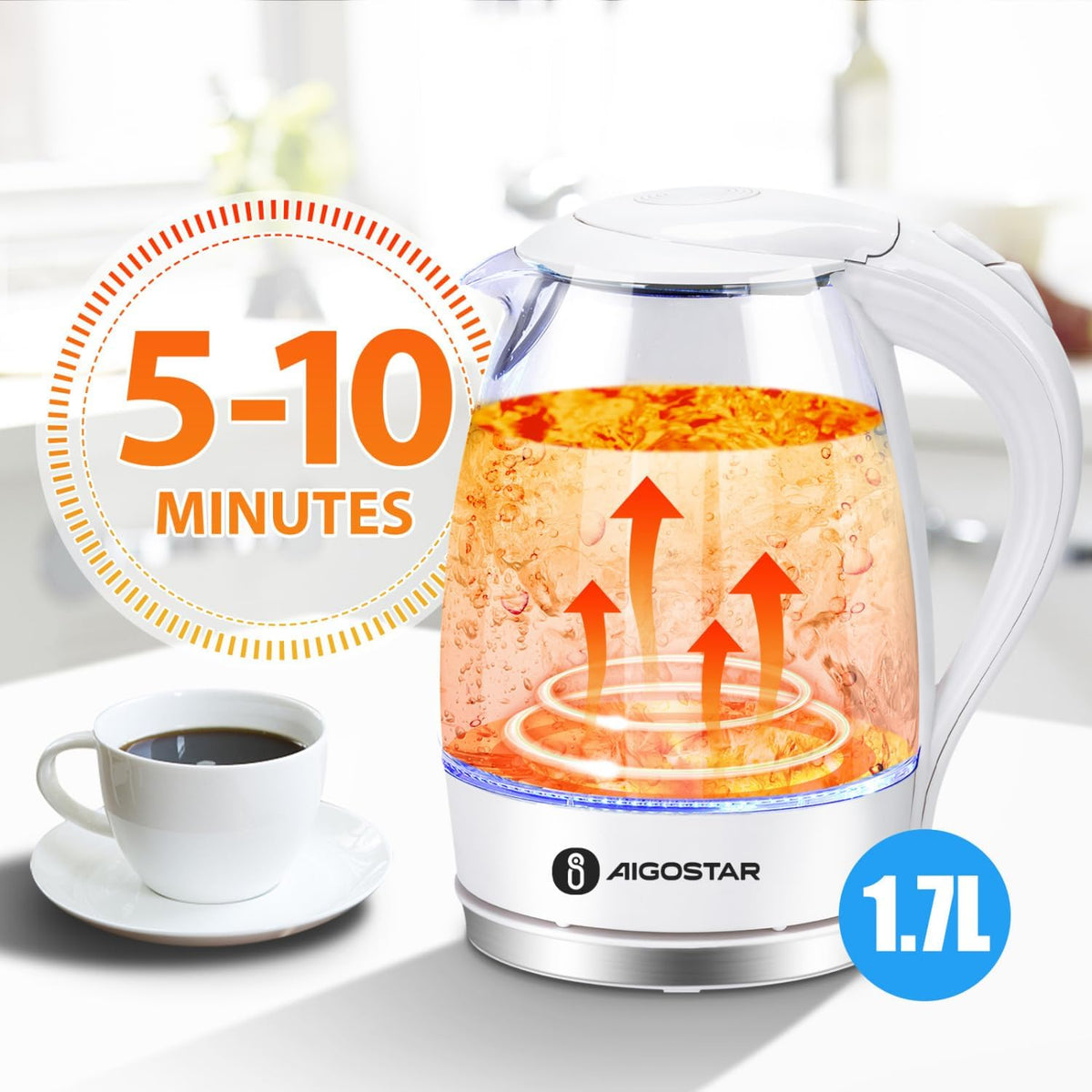 1.7 Liter Electric Kettle with High Borosilicate Glass and 304 Stainless Steel Interior R366