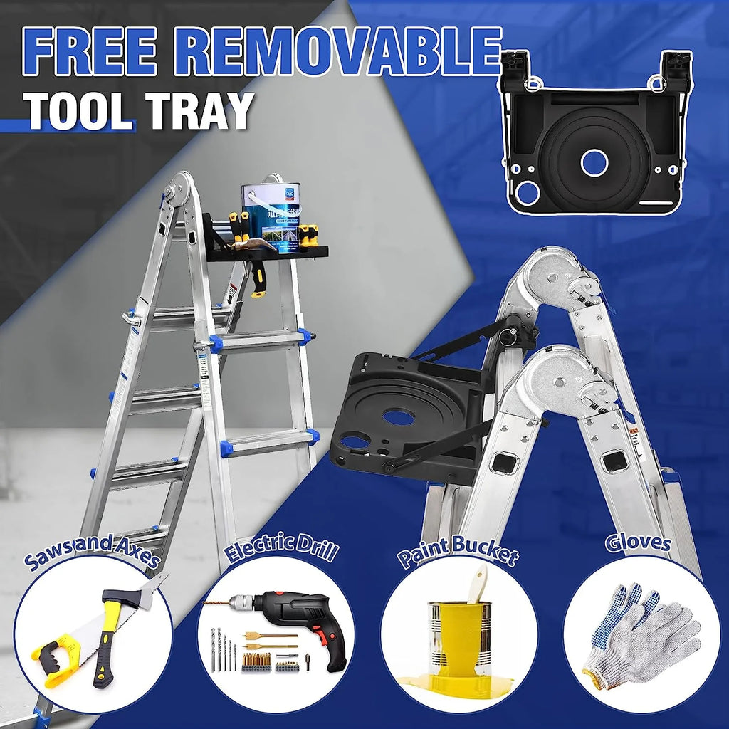 A Frame 4 Step Extension Ladder, 17 Ft Multi Position Ladder with Removable Tool Tray and Stabilizer Bar, 330 lbs Capacity Telescoping Ladder D333929