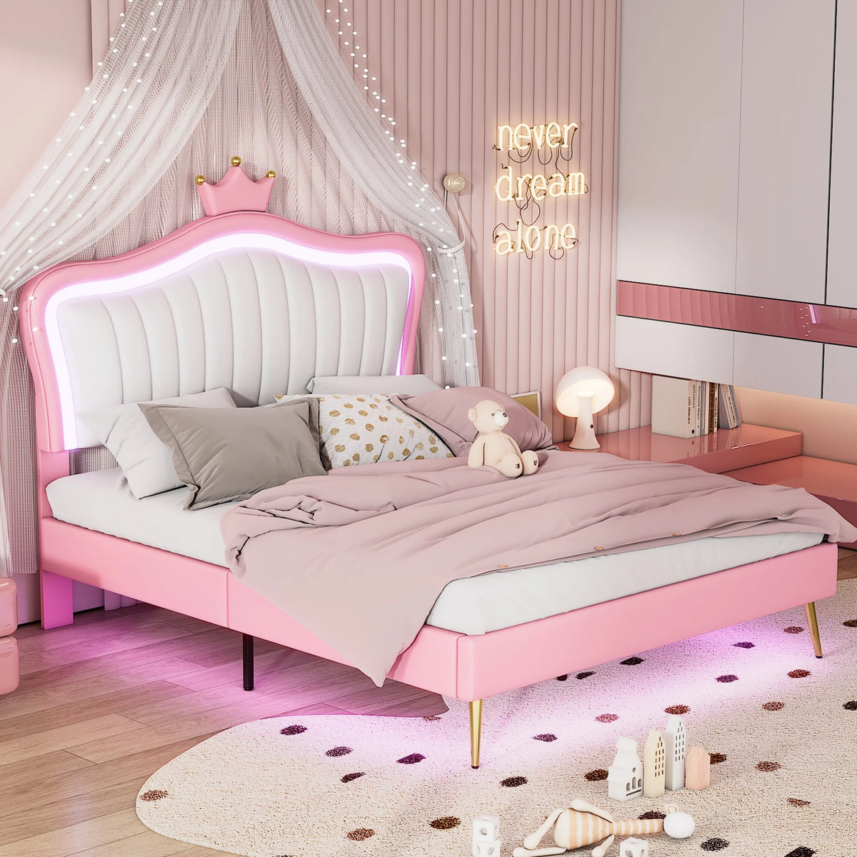 Queen Size Upholstered Bed Frame with LED Lights Q7507