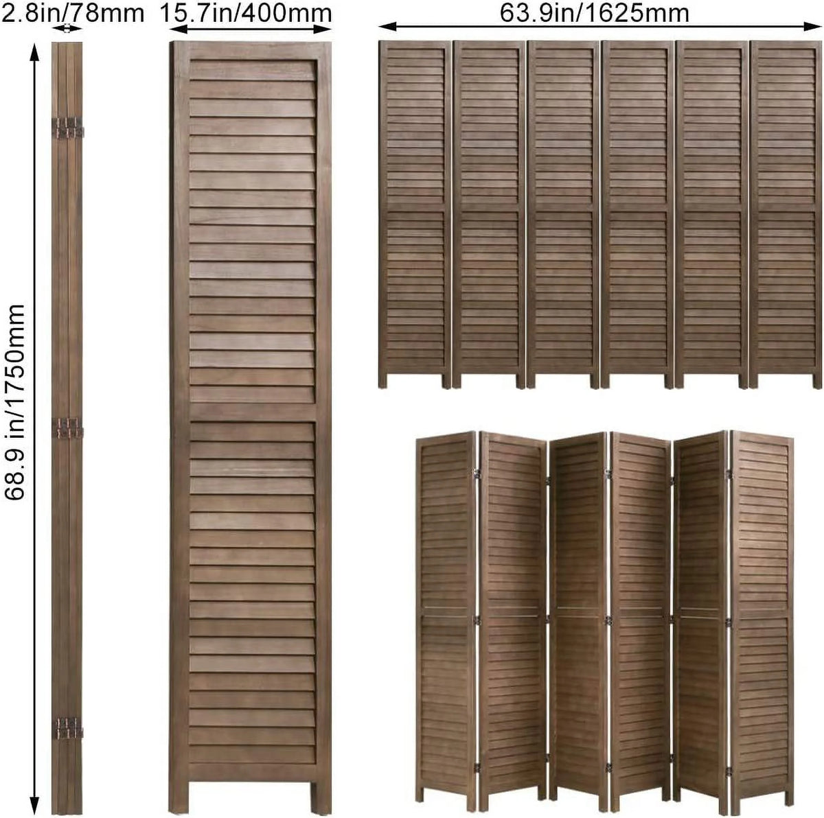6 Panels 5.75 Ft Tall Wood Louvered Folding Privacy Room Divider I33408