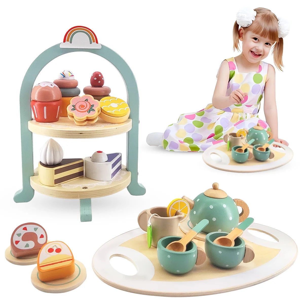 Wooden Tea Party Set with Cake Stand I876303