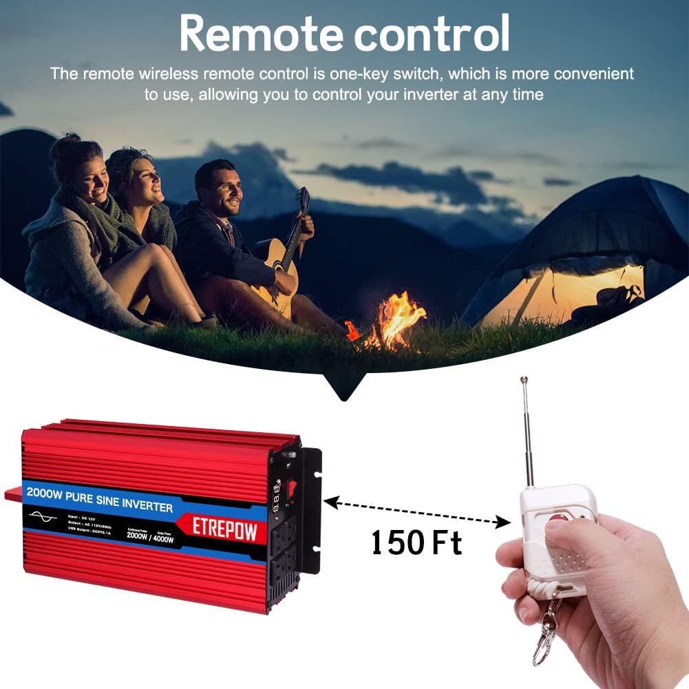 2000 Watt Pure Sine Wave Power Inverter 12V DC to 110V AC Wireless Remote Control M16466