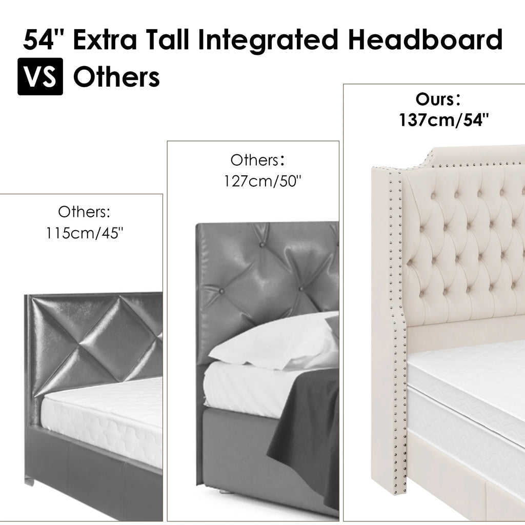 Queen Size Off-white Velvet Upholstered Bed Frame with Headboard and Footboard E4387