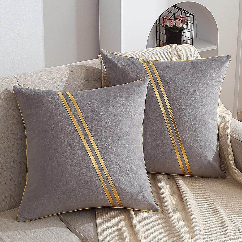 Set of 2 Gold Velvet Throw Pillow Covers with Leather, 20 x 20 in A9091