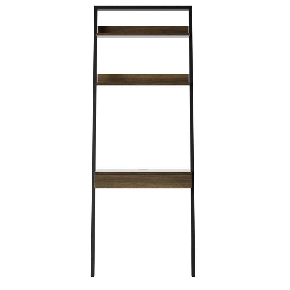 Rectangular Walnut Wood 2-Shelves Ladder Desk with Power X969