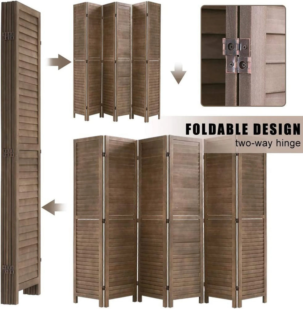 6 Panels 5.75 Ft Tall Wood Louvered Folding Privacy Room Divider I33408