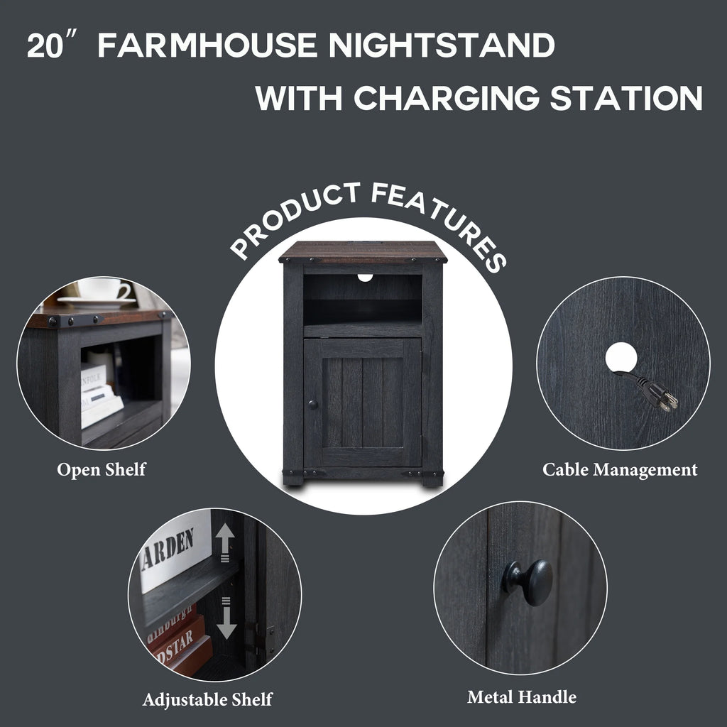 20" Dark Grey Farmhouse Nightstand with Charging Station U2526