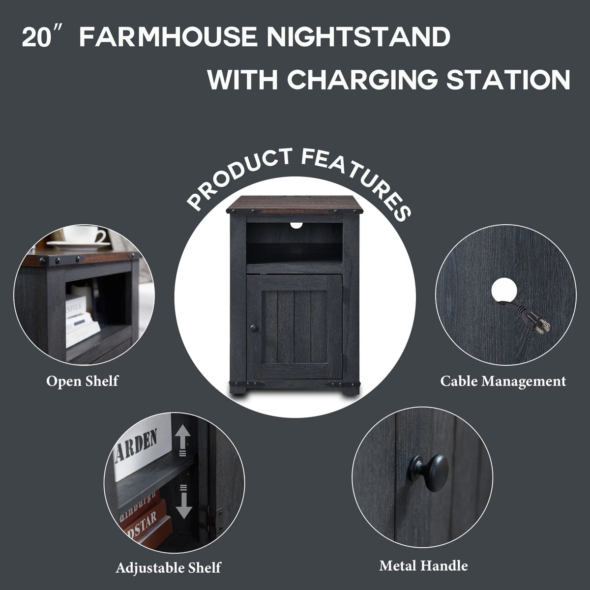 20" Dark Grey Farmhouse Nightstand with Charging Station U2526