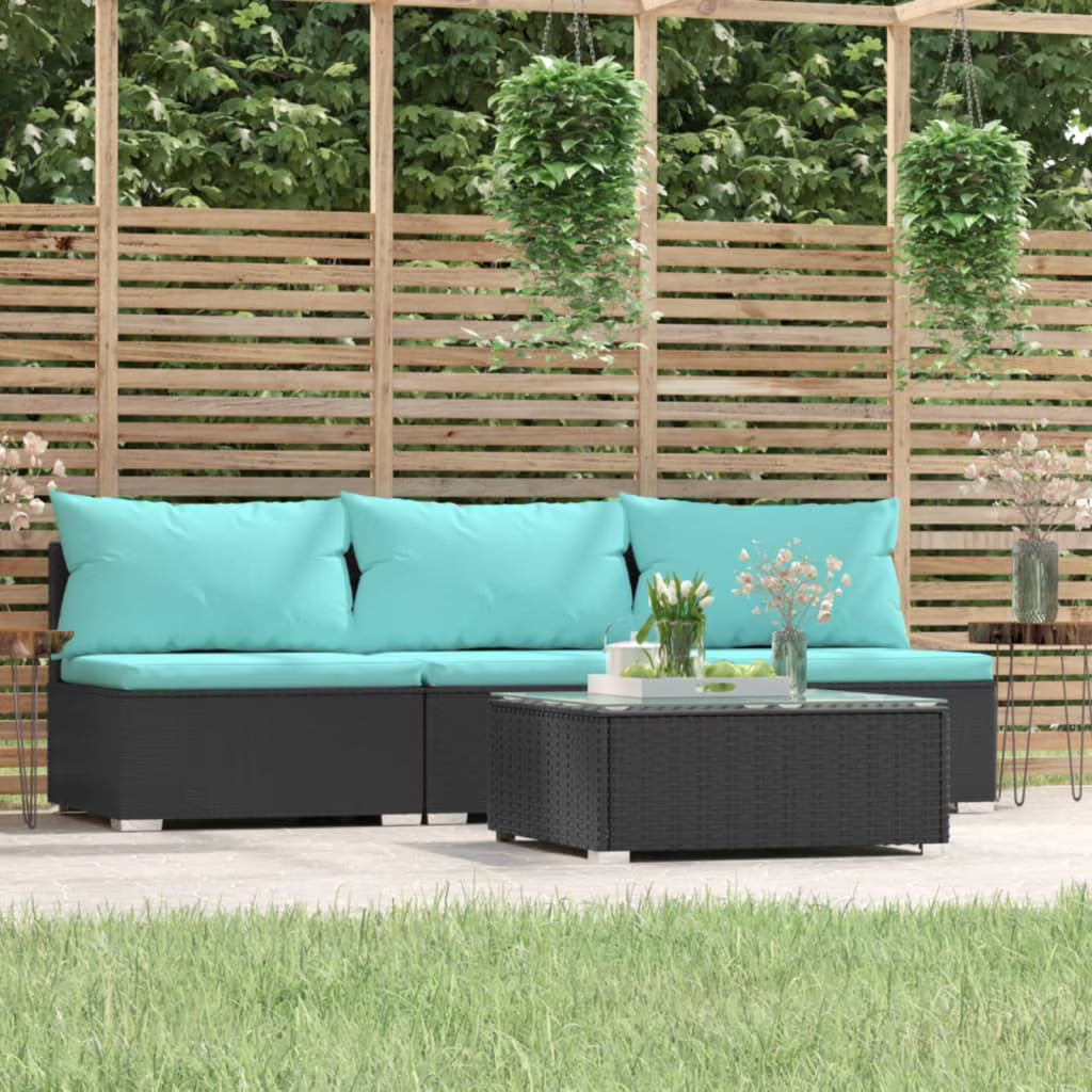 4 Piece Patio Furniture Set with Cushions Black Poly Rattan Q3192