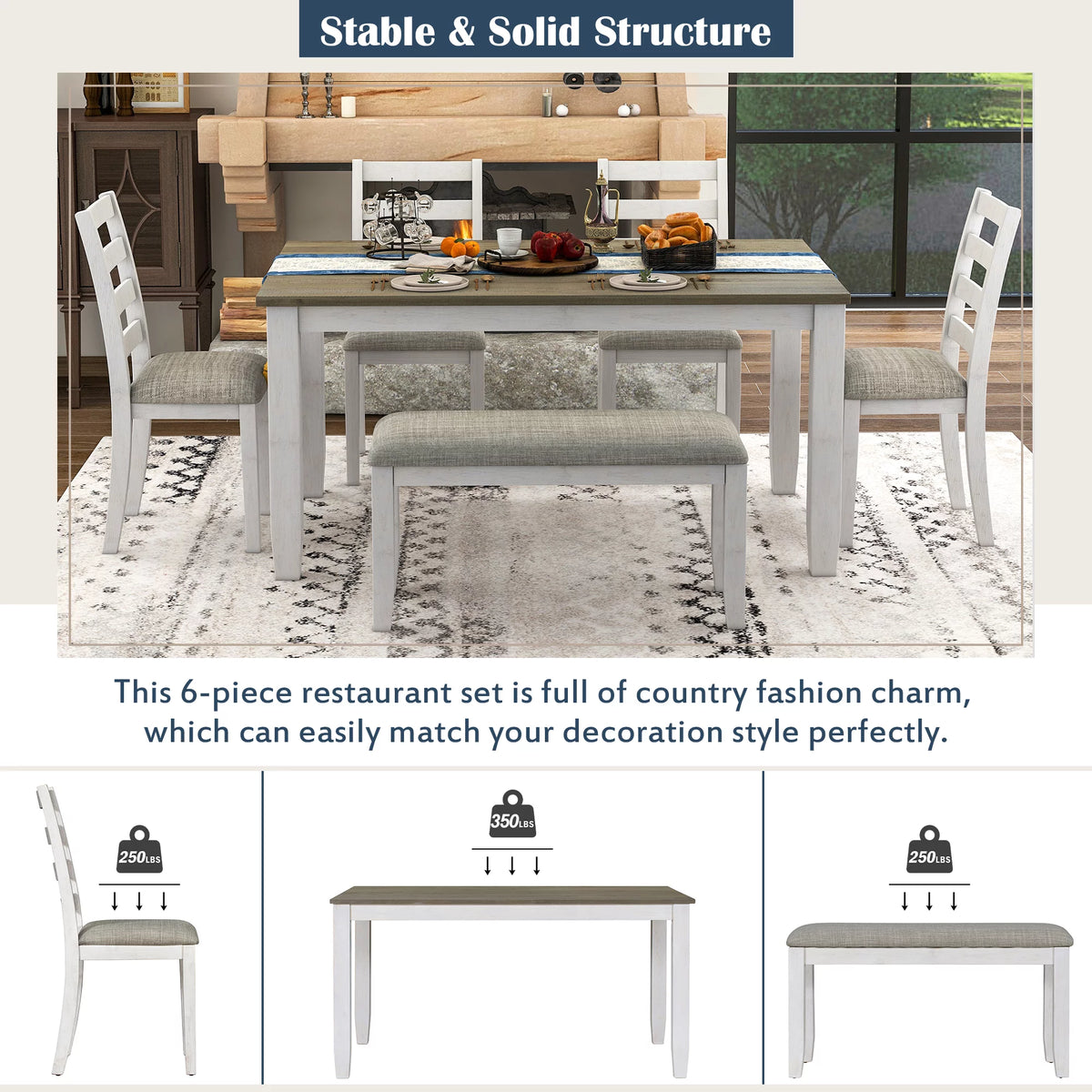 6-Piece Dining Table Set with 4 Upholstered Chairs and Bench B29690