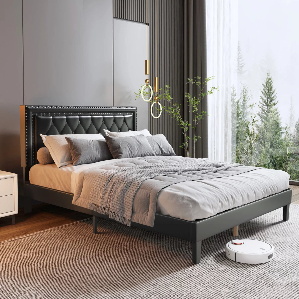 PU Leather Upholstered Platform Bed Frame Full/Queen Size Black N3381