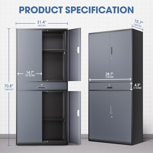 71'' Gray Metal Storage Cabinet with 1 Drawer and Adjustable Shelves G3486