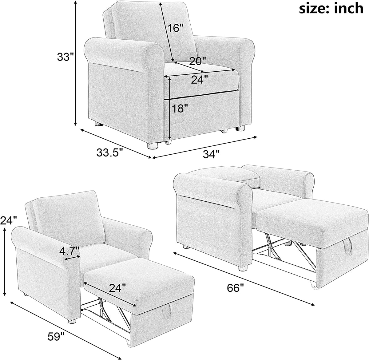 Dark Blue Convertible Sleeper Chair Bed S494
