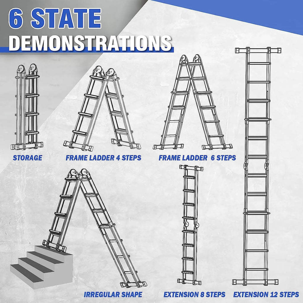 A Frame 4 Step Extension Ladder, 17 Ft Multi Position Ladder with Removable Tool Tray and Stabilizer Bar, 330 lbs Capacity Telescoping Ladder D333929