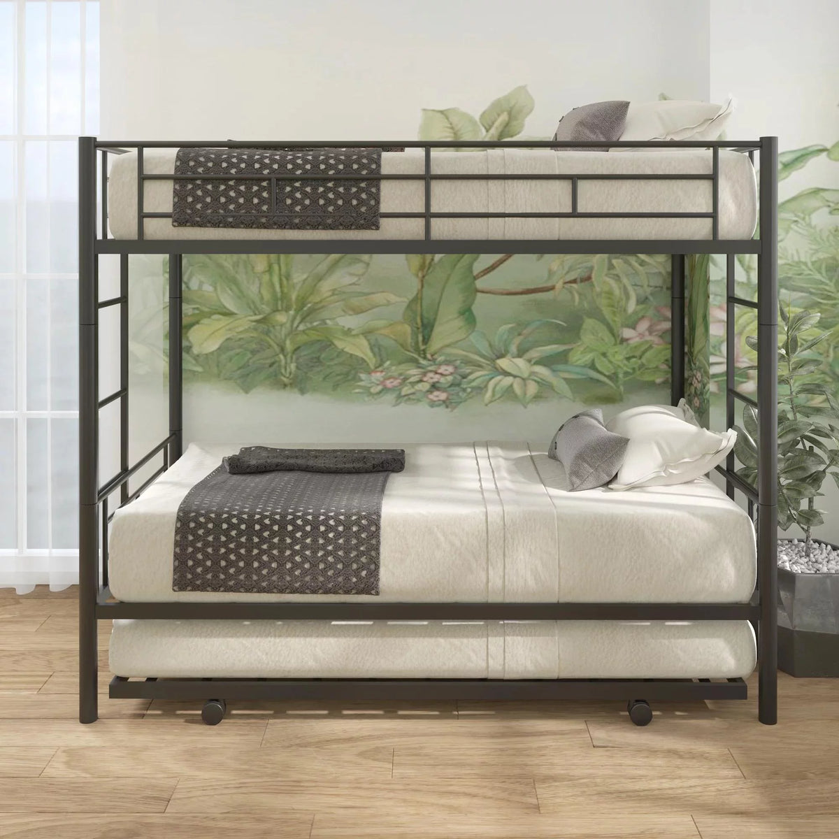 Twin over Twin Black Metal Bunk Bed with Trundle R40987