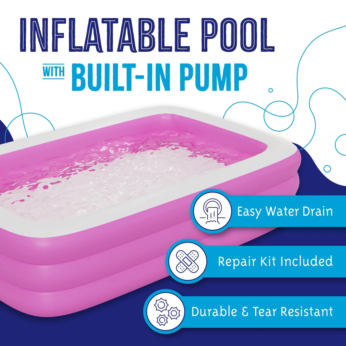 Inflatable Swimming Pool with Built-in Air Pump, Blue Large I12940