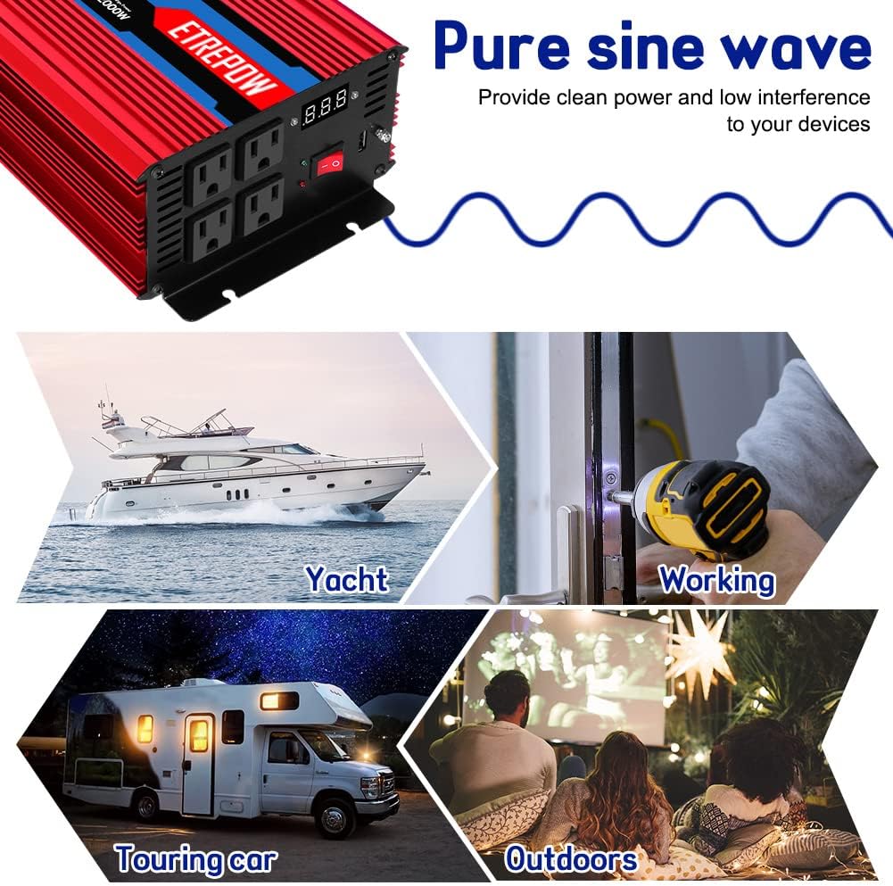 2000 Watt Pure Sine Wave Power Inverter 12V DC to 110V AC Wireless Remote Control M16466